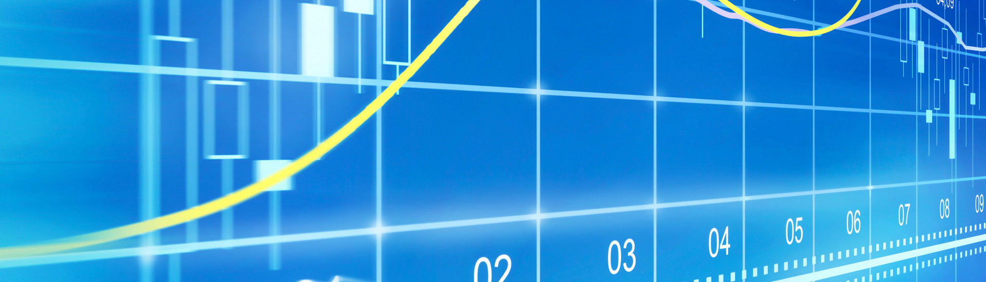 Abstract illustration of a financial chart with a rising yellow trend line and candlestick data on a bright blue grid background, representing stock market or investment growth.