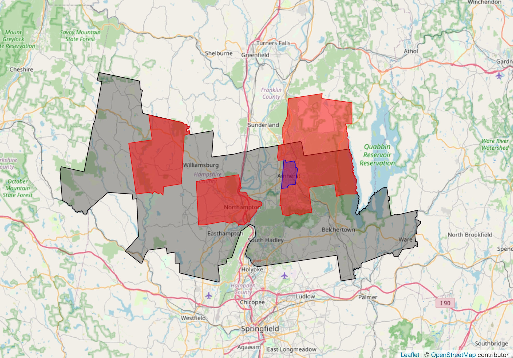 FIGURE 1. An example of overlapping municipal entities that may issue debt. The light grey area shows the boundaries of Hampshire County in Western Massachusetts. The red areas are three school districts that are contained in or overlap with Hampshire County: Chesterfield-Goshen School District on the west side of the County, Northampton in the center, and the Amherst-Pelham Regional School District in the east. The blue area is the Amherst Community Development District, a smaller municipal boundary that is wholly contained within both the Amherst-Pelham Regional School District and Hampshire County. Note that, to add an additional layer of complexity, the Amherst-Pelham Regional School District includes a substantial area of land that is not located in Hampshire County. Source: ICE Sustainable Finance as of 3/15/2024.