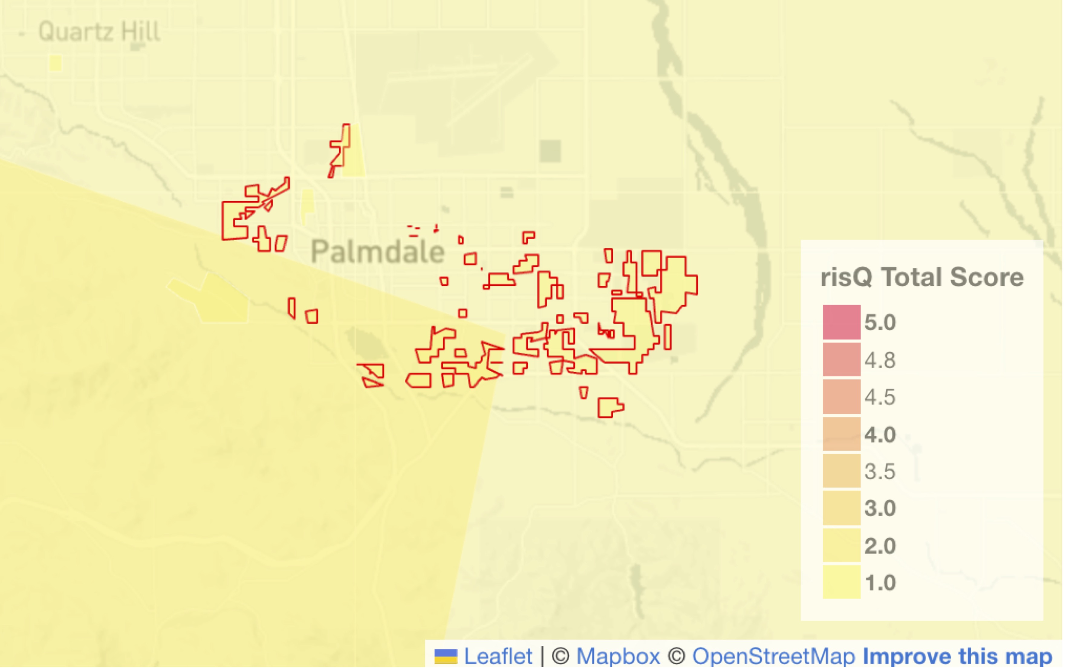 FIGURE 3. An updated boundary for a community facilities district in Palmdale, California with the ICE Climate Risk Score (risQ Score) included in shades of red. Source: ICE Sustainable Finance as of 3/15/2024.