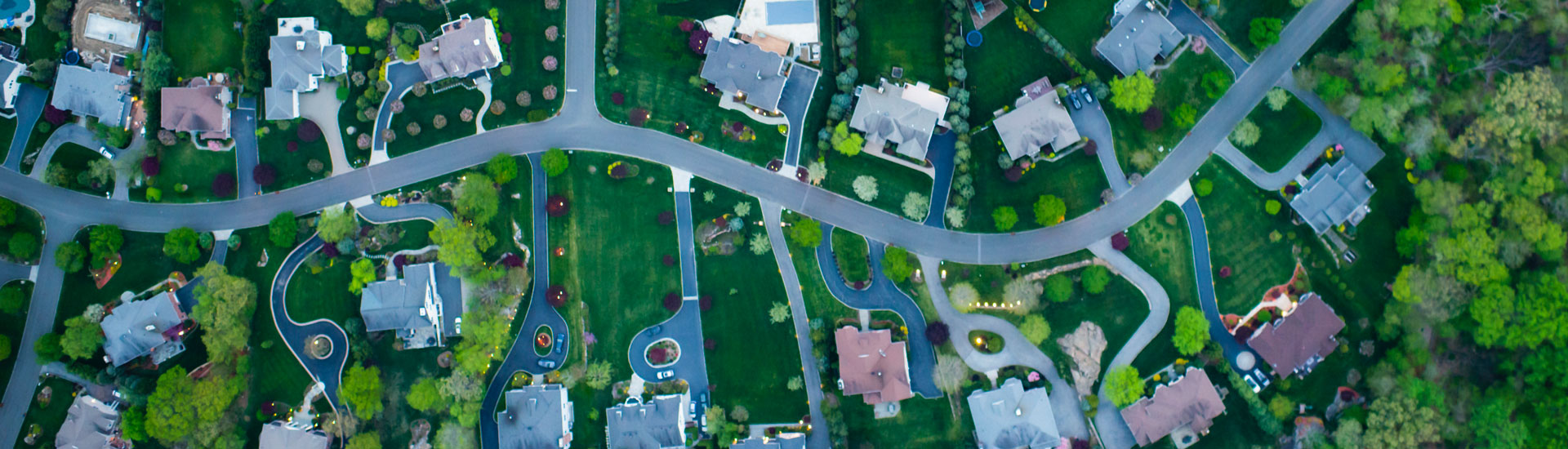 Aerial drone view of a lush suburban neighborhood at dusk, featuring winding streets, curved driveways, well-manicured green lawns, and scattered trees surrounding single-family homes with gray and brown rooftops.